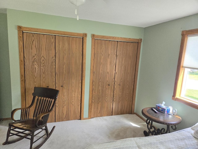 bedroom with multiple closets and carpet floors