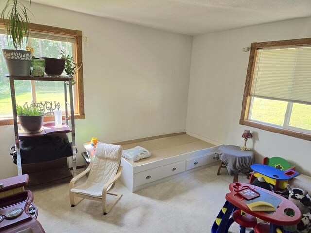 carpeted bedroom featuring a textured ceiling