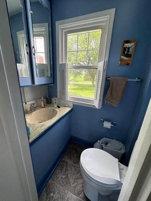 bathroom with plenty of natural light, vanity, and toilet