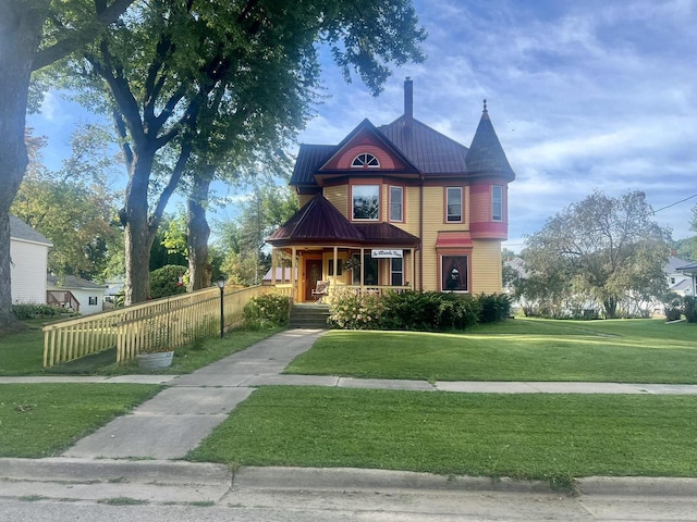 victorian home featuring a front lawn and a porch