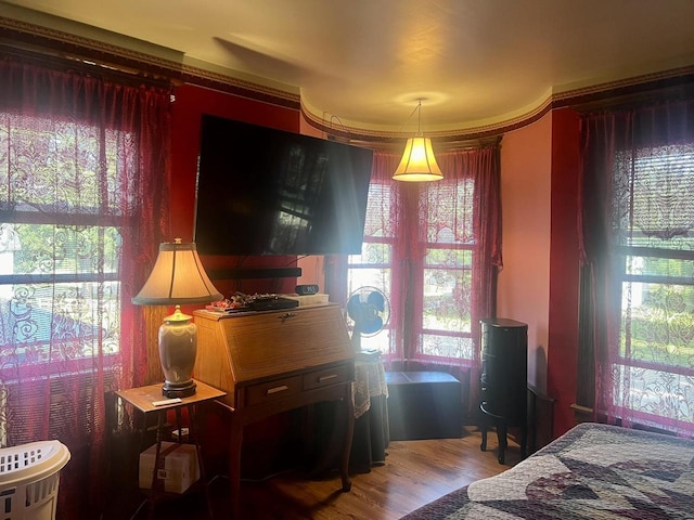 bedroom featuring hardwood / wood-style floors and ornamental molding