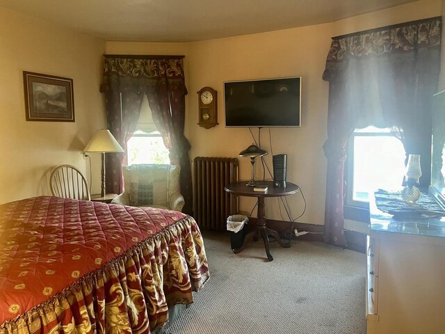 bedroom featuring carpet floors and radiator heating unit