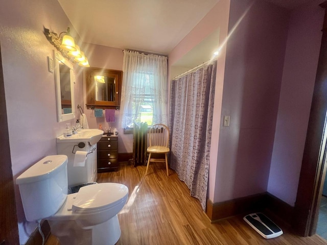 bathroom with wood-type flooring, vanity, toilet, and walk in shower