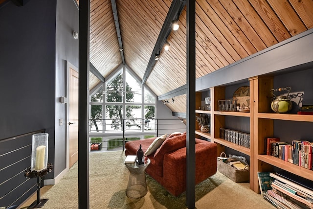 bedroom with high vaulted ceiling and carpet floors