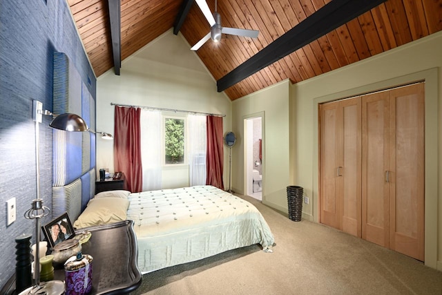 bedroom with wood ceiling, carpet floors, ceiling fan, and beamed ceiling