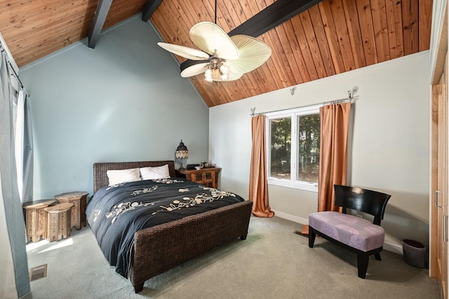 carpeted bedroom featuring ceiling fan, high vaulted ceiling, wooden ceiling, and beamed ceiling