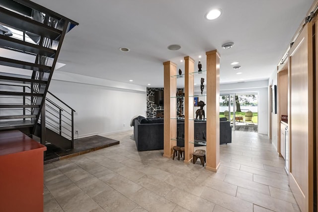 basement featuring light tile patterned floors