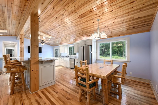 dining room featuring light wood-type flooring, ceiling fan with notable chandelier, and wooden ceiling