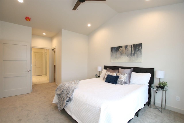 carpeted bedroom featuring recessed lighting, ceiling fan, and vaulted ceiling