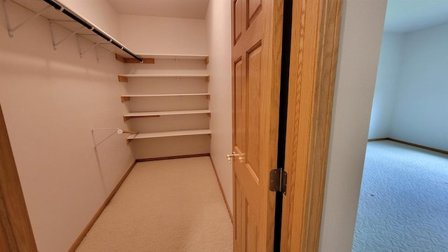 walk in closet featuring light colored carpet