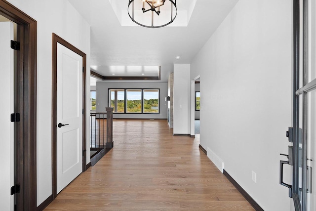 hall with a notable chandelier, a tray ceiling, and hardwood / wood-style floors