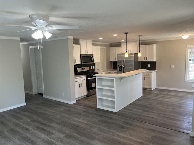 kitchen with open shelves, stainless steel appliances, white cabinets, and crown molding