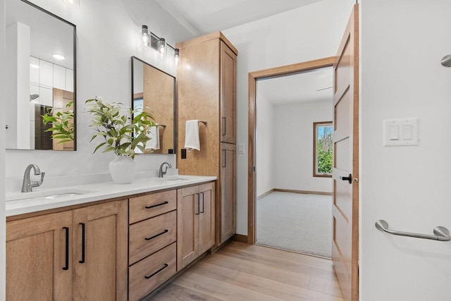 bathroom with wood finished floors, a sink, baseboards, and double vanity