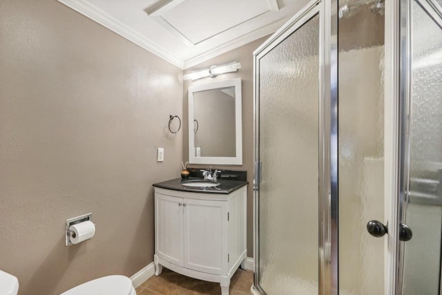 full bath with baseboards, toilet, ornamental molding, vanity, and a shower stall