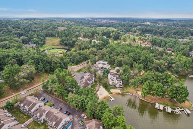 bird's eye view with a water view and a forest view