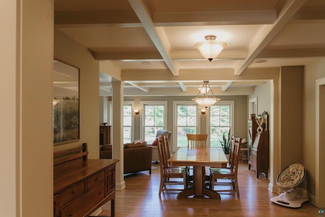 dining area with beam ceiling, hardwood / wood-style flooring, and coffered ceiling