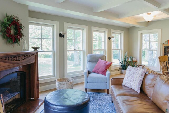 34780 S County Highway J, Bayfield, WI 54814 - living area featuring baseboards, beam ceiling, and a high end fireplace