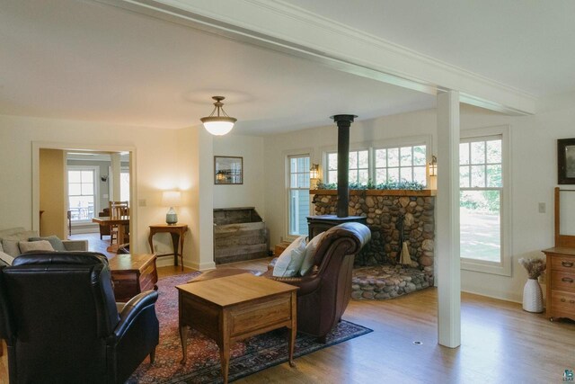 living room featuring hardwood / wood-style floors and a wood stove