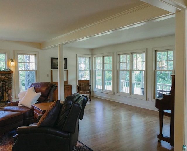 34780 S County Highway J, Bayfield, WI 54814 - living area with ornamental molding, a stone fireplace, baseboards, and wood finished floors