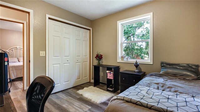 bedroom featuring hardwood / wood-style flooring and a closet