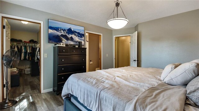 bedroom with a spacious closet, a closet, and hardwood / wood-style floors