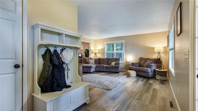 mudroom featuring hardwood / wood-style floors and a textured ceiling