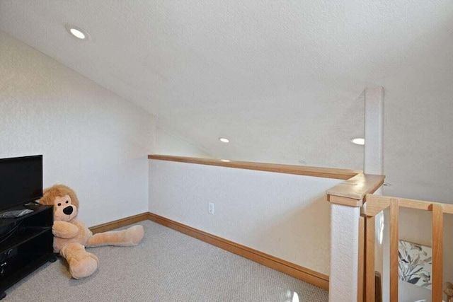 sitting room with a textured ceiling and carpet flooring