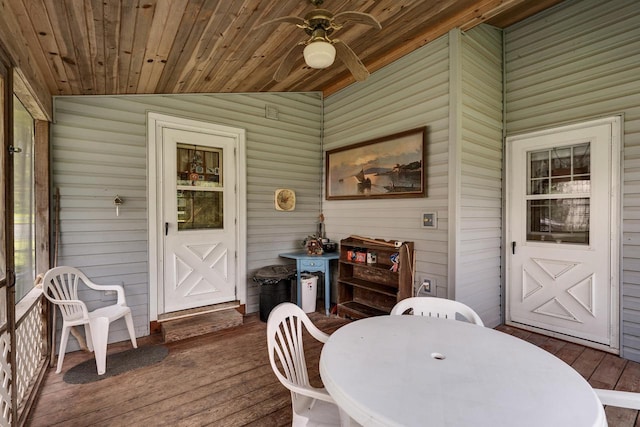 sunroom with lofted ceiling, wood ceiling, and a ceiling fan