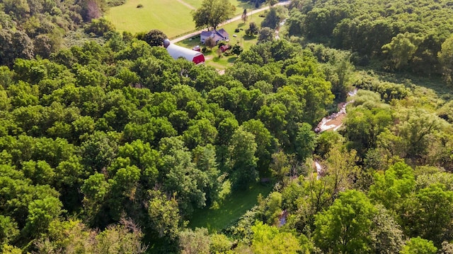 birds eye view of property featuring a forest view