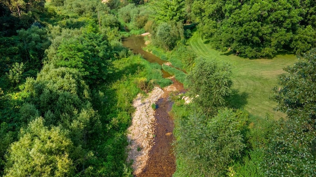 birds eye view of property with a view of trees