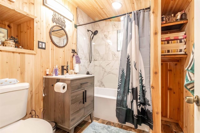 full bathroom featuring toilet, wooden walls, wood ceiling, vanity, and shower / bathtub combination with curtain