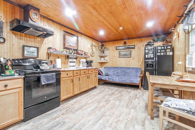 kitchen with wooden ceiling, light countertops, light wood-style flooring, and black appliances