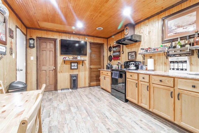 kitchen with light wood finished floors, black electric range oven, wood ceiling, wooden walls, and under cabinet range hood