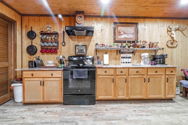 kitchen with wooden walls, wood ceiling, black / electric stove, extractor fan, and light countertops