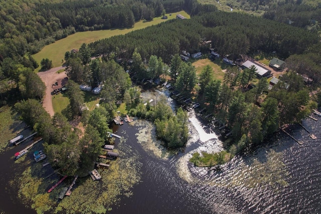 aerial view with a water view and a forest view