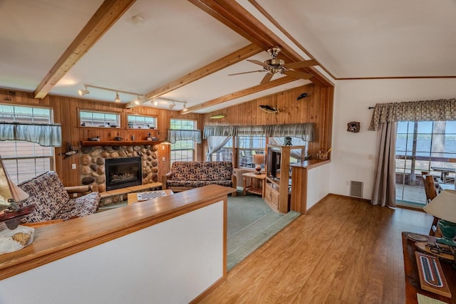 living room featuring wood walls, a wealth of natural light, hardwood / wood-style floors, and a fireplace