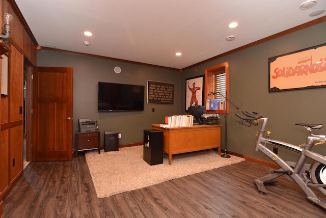 office space featuring ornamental molding and dark hardwood / wood-style floors