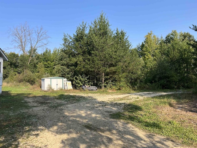 N9185 9th Ave, New Lisbon, WI 53950 - view of yard featuring a storage unit, an outbuilding, and a wooded view