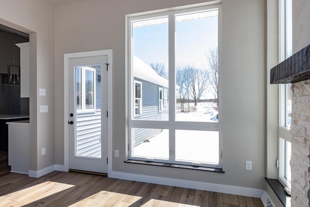 entryway featuring visible vents, baseboards, and wood finished floors