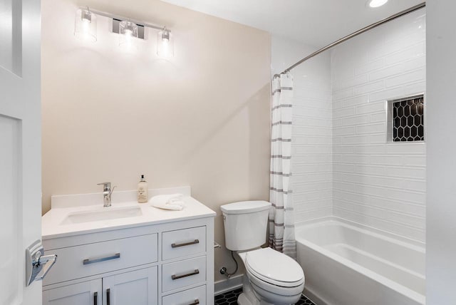 bathroom with baseboards, shower / tub combo, toilet, and vanity