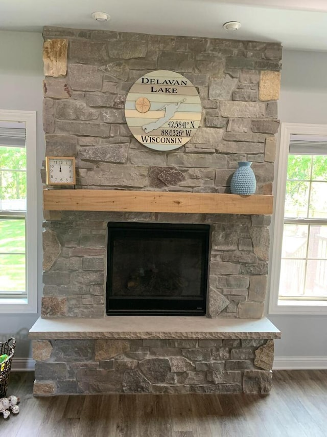 details with hardwood / wood-style flooring and a fireplace