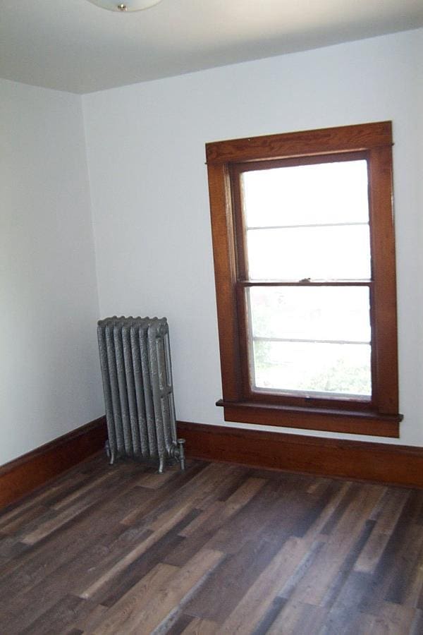 spare room featuring dark hardwood / wood-style floors and radiator