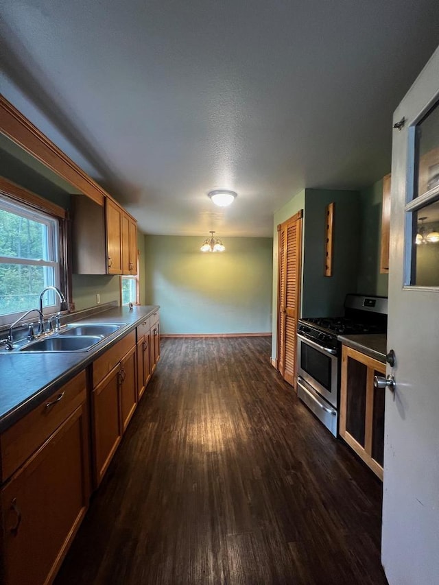 kitchen with sink, dark hardwood / wood-style flooring, and double oven range