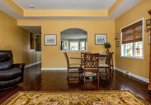 dining area featuring a healthy amount of sunlight, dark wood finished floors, and baseboards