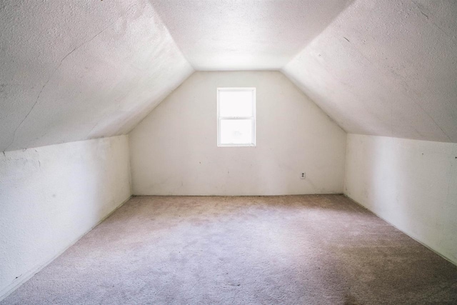 additional living space with lofted ceiling, light colored carpet, and a textured ceiling