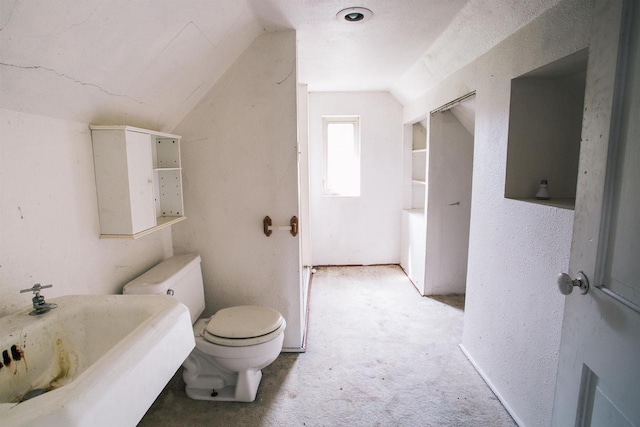 bathroom with lofted ceiling, toilet, and sink