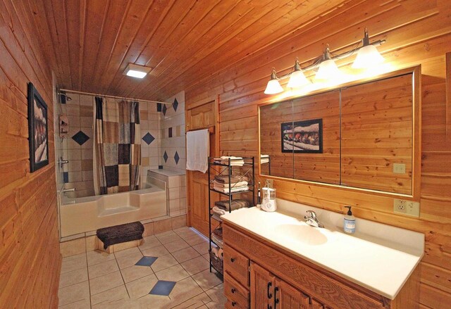 7750 Pine Rd, Arena, WI 53503 - full bath with tile patterned flooring, vanity, tub / shower combination, wood ceiling, and wooden walls