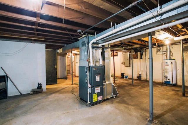 basement with gas water heater, heating unit, and electric panel