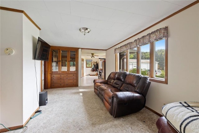 living area with crown molding and baseboards