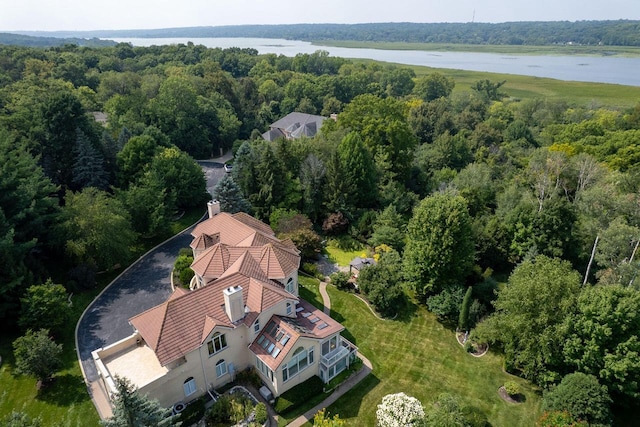 drone / aerial view featuring a forest view and a water view